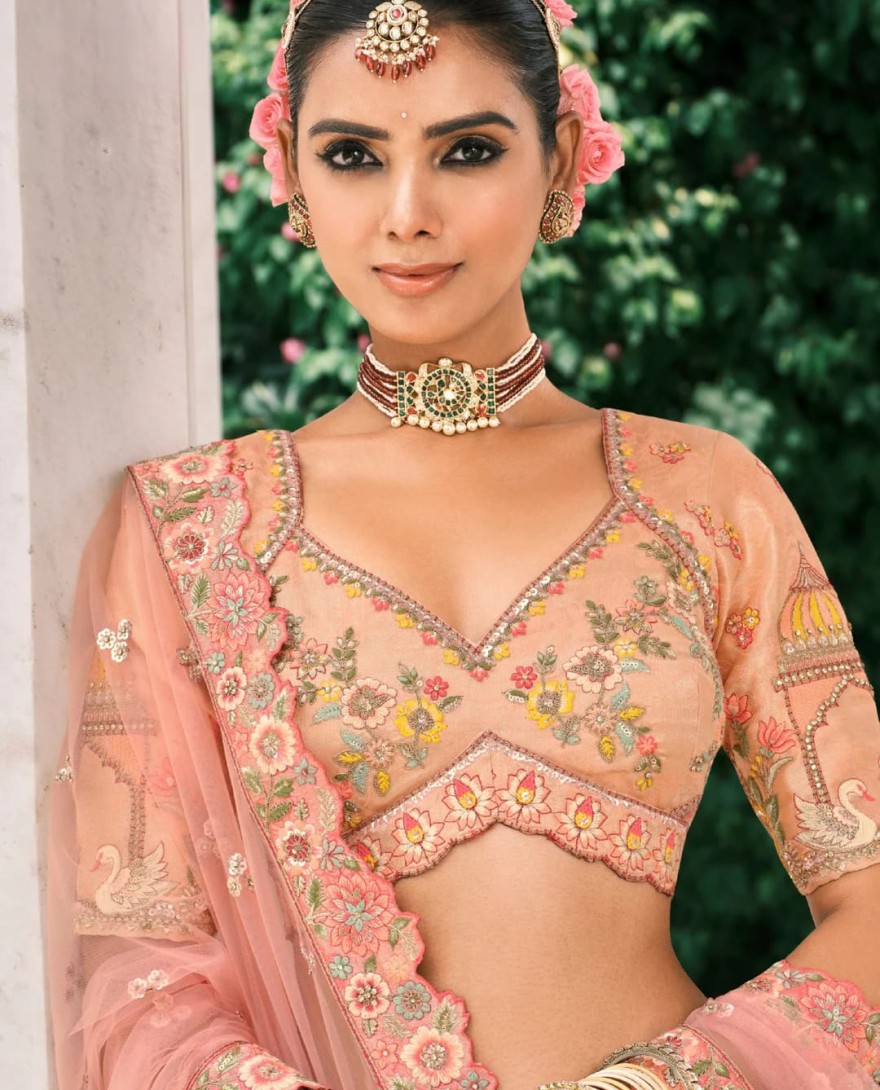 PEACHPINK - Peach Pink Fancy Silk Lehenga Choli With Cut Work Embroidery Border & Stone Work